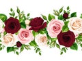 Horizontal seamless border with burgundy, pink and white roses. Vector illustration. Royalty Free Stock Photo
