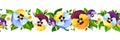 Horizontal seamless border with colorful pansy flowers. Vector illustration.