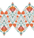 Vector horizontal seamless border with folk art floral rhombus composition isolated from background. Botanical frieze