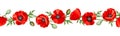 Horizontal seamless border with red poppy flowers. Vector illustration. Royalty Free Stock Photo