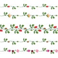 Vector horizontal seamless garland with red, pink and yellow roses and green leaves