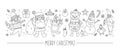 Vector horizontal set with black and white Christmas characters and elements. Card template design with Santa Claus, funny animals