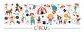 Vector horizontal set with cute circus animals, objects, artists. Street show elements, clowns, marquee. Festival card template