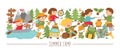 Vector horizontal set with cute comic forest animals and children doing summer camp activities. Card template design with woodland