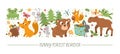 Vector horizontal set with cute comic forest animals and elements. Card template design with woodland characters, birds, insects. Royalty Free Stock Photo