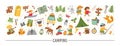 Vector horizontal set with cute comic forest animals, elements and children doing summer camp activities. Card template border Royalty Free Stock Photo