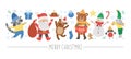 Vector horizontal set with flat Christmas characters and elements. Card template design with Santa Claus, funny animals, snowman,