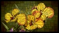 Vector horizontal stained glass window with blooming yellow pansy flowers