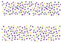 horizontal stripe of purple, green and yellow dots for a Mardi gras banner. confetti frame of many round bright dots on