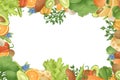 Vector horizontal template with frame or border of fresh fruits, herbs and vegetables. Healthy natural food concept. Royalty Free Stock Photo