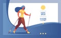 Vector horizontal web banner or landing page with young woman nordic walking. Blue gradients, template with text for healthy