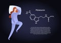 Vector hormones flat character banner template. Melatonin structure and sleeping woman on dark background. Place holder for text.