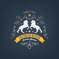 Vector horses logo, emblem. Vintage style with swirls and ribbon