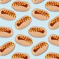 Vector hot dog pattern. American fast food meal. Bread with sausage, ketchup, mustard. Lunch delicious surface pattern Royalty Free Stock Photo