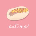 Vector hot dog print. American fast food meal. Bread with sausage, ketchup, mustard. Lunch delicious surface