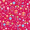 Vector Hot Pink Candyland and Fun Fair seamless pattern background. Royalty Free Stock Photo