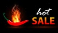 Vector HOT SALE horizontal banner with red chilli pepper and burning flame. Royalty Free Stock Photo