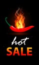 Vector HOT SALE vertical banner with red chilli pepper and burning flame. Royalty Free Stock Photo