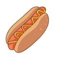 Vector hotdog with mustard. Cartoon style. Fast food hotdog for poster, menu.