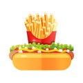 Vector hotdog with mustard with french fries at the white background