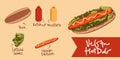 Vector hotdog with mustard vegan sausage . Illustration vector. icon isolated. Vegan hotdog. vegan ,eco, vegetarian fast food,