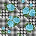 Vector houndstooth seamless black and white pattern with blue retro roses Royalty Free Stock Photo