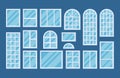 Vector house building windows types set. Shining rectangle and arch french windows with reflections and shadows isolated