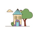 Vector house with a cone-roofed roof icon. Vector yellow house with a tree and clouds icon