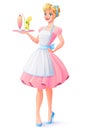 Vector housewife with apron holding tray with milkshake and lemonade. Royalty Free Stock Photo