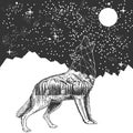 Vector howling wolf and night sky tattoo t-shirt print design