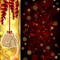 ÃÂ¡hristmas card with ÃÂ¡hristmas decor, serpentine, snowflakes, confetti on golden and red background