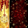 ÃÂ¡hristmas card with ÃÂ¡hristmas decor, serpentine, snowflakes, confetti on golden and red background