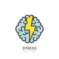 Vector human brain and lightning logo, sign. Stress concept. Brainstorming and creativity isolated illustration.