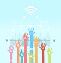 Vector of human hands with social media icons using mobile devices and internet networking