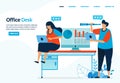 Vector human illustration of office desk. People are working in an office or coworking space. Can use for landing page, template,