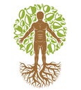 Vector human, individuality created with tree roots and surrounded by eco green leaves. Family tree, tree of life conceptual