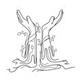 Vector human open hands growing from ground with roots line art drawing.Support,hope and peace concept.