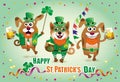 Humorous greeting card for St. Patrick`s Day with three funny do