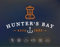Vector Hunting or Camping Sign with Icons. Hunter`s Bay. Fictitious name