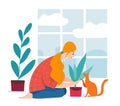 Vector hygge illustration with a woman planting home plants