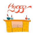 Vector Hygge lettering. Text with fireplace with candles doodle in Scandinavian style