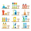 Vector hygiene and cleaning products flat icons. Cleaner and toilet paper, toothpaste and deodorant