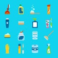 Vector hygiene and cleaning products flat icons. Cleaner and toilet paper, toothpaste and deodorant Royalty Free Stock Photo