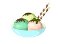 Vector ice cream balls on blue plate. Three kinds of delicious cold dessert with wafer rolls and leaves of mint.