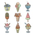 Vector ice cream dessert sweet food sketch handdrawn illustration set