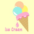 Vector ice cream with pink blob. Waffle cone with three colorful balls Royalty Free Stock Photo