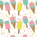 Vector Ice cream repeat seamless pattern with circles and stars. Pastel colors