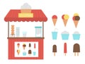 Vector ice cream stall with menu. Flat ice-cream stand illustration. Flat beach dessert shop.