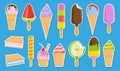 Vector ice cream sticker collection. Cartoon ice cream. Colorful fruit ice cream. Ice lolly.