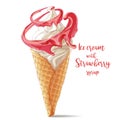 Vector ice cream in waffle cone with strawberry spiral Royalty Free Stock Photo